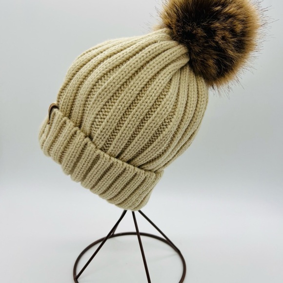 FURTALK WOMENS BEIGE ACRYLIC RIBBED KNIT BEANIE WITH FAUX FUR POM PON - Picture 7 of 10